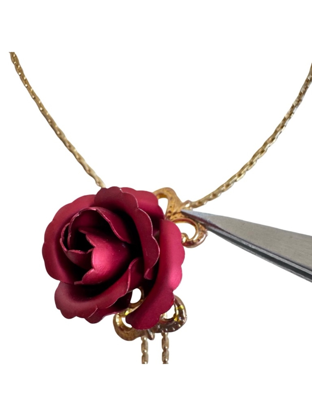 Vintage Red Rose Bolo Tie Lariat Necklace Gold Tone Chain Floral Pendant Jewelry - Picture 5 of 16